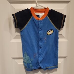 Sporty Blue and Orange Button Down Shirt with Athletic Emblem